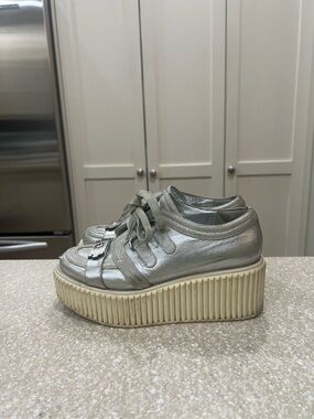Chanel Lame Creeper Sneakers 37.5 Silver Stripe